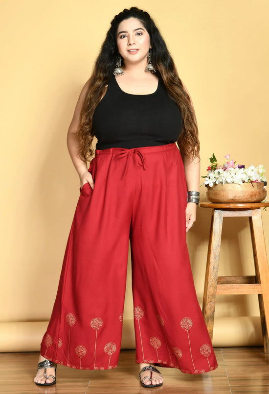 Plus Size Red Gold Printed Palazzos