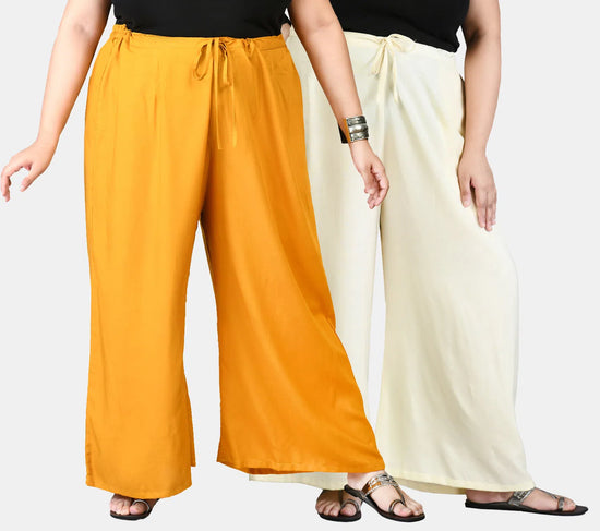 Mustard & Off White Plain Palazzos