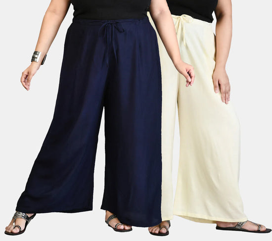 Navy Blue & Off White Plain Palazzos