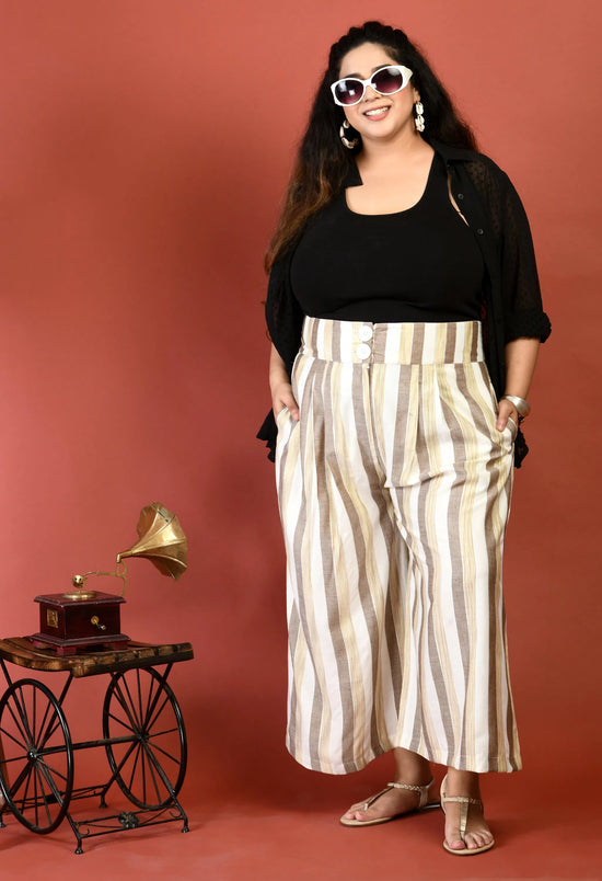 Plus Size Striped White & Brown Culottes