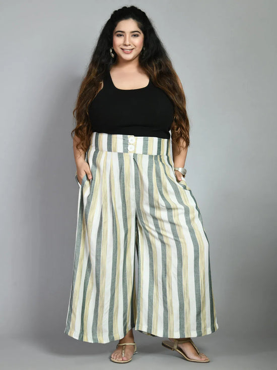 Plus Size Striped White & Green Culottes