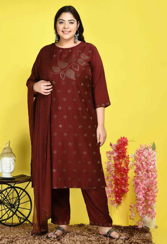 Plus Size Maroon Embellished Kurta Set