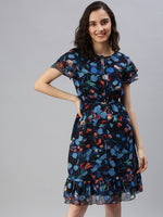 Women Tie-Up Neck Printed Fit and Flare Blue Dress-DW-1335-Blue