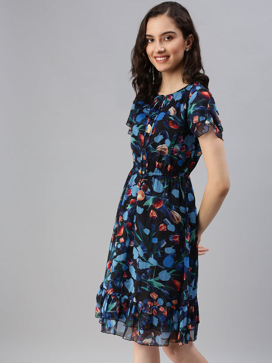 Women Tie-Up Neck Printed Fit and Flare Blue Dress-DW-1335-Blue