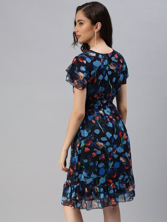 Women Tie-Up Neck Printed Fit and Flare Blue Dress-DW-1335-Blue