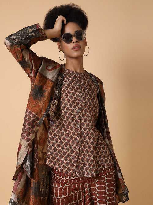 Women Printed Round Neck Brown Co-Ord Set-DW-5965-Brown