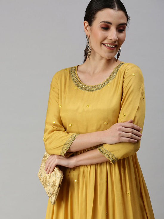 Women Solid Yellow Anarkali Kurta-DW9568-Yellow-Pink