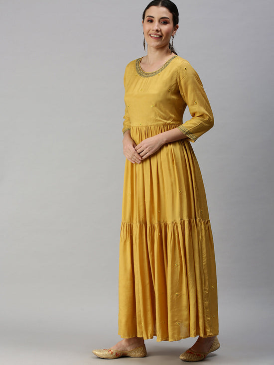 Women Solid Yellow Anarkali Kurta-DW9568-Yellow-Pink