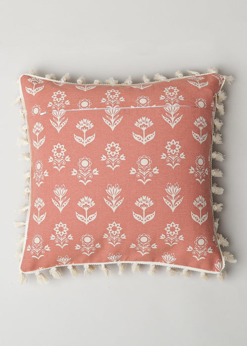 Dahlia Printed 100% cotton floral cushion cover for sofa with tassels - Rust-230456015