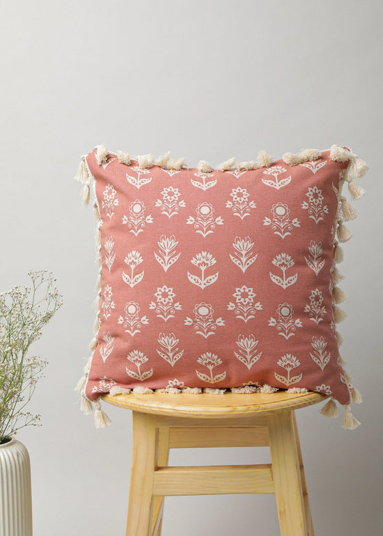 Dahlia Printed 100% cotton floral cushion cover for sofa with tassels - Rust-230451015