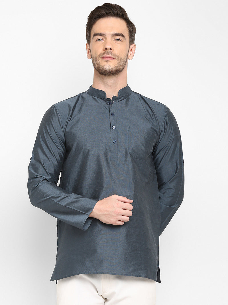 Hangup Men Standard Solid Men's Indian Wear-DarkGrey_Dupion_Patch_ShortKurta