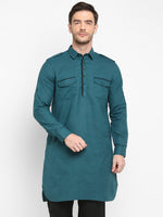 Hangup Men Standard Solid Men's Indian Wear-DarkSlate_Piping_PathaniKurta