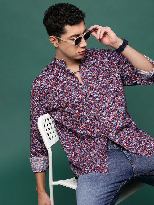 Men Blue Floral Slim Fit Shirt-David-3165-Blue