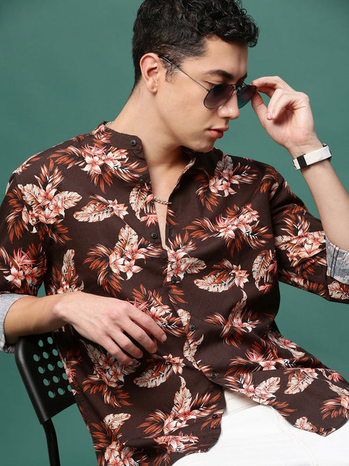 Men Brown Floral Slim Fit Shirt-David-3181-Brown