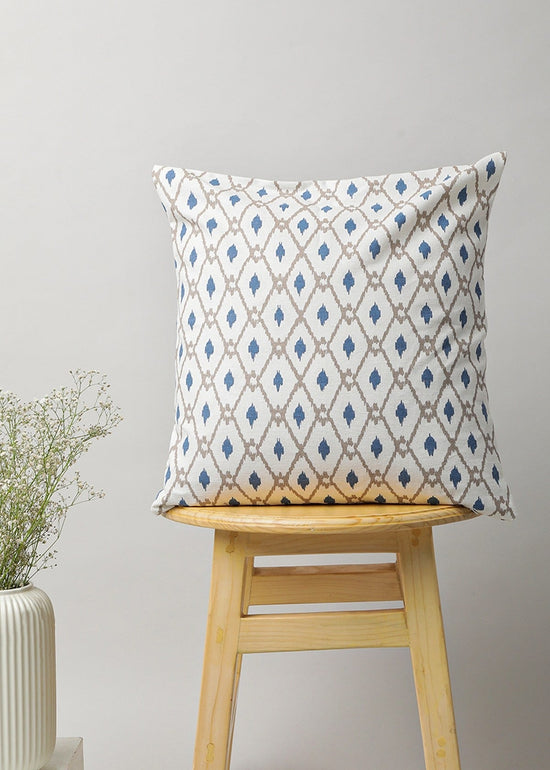 Diamond Yard 100% cotton geometric cushion cover for sofa - White & Blue-230451020