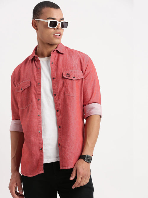 Men Solid Red Shirt-DoublePocket-01-Red