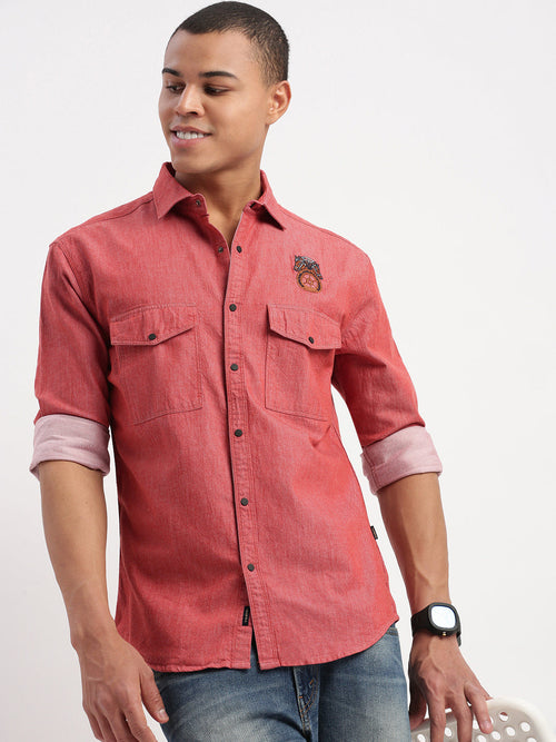 Men Solid Red Shirt-DoublePocket-02-Red