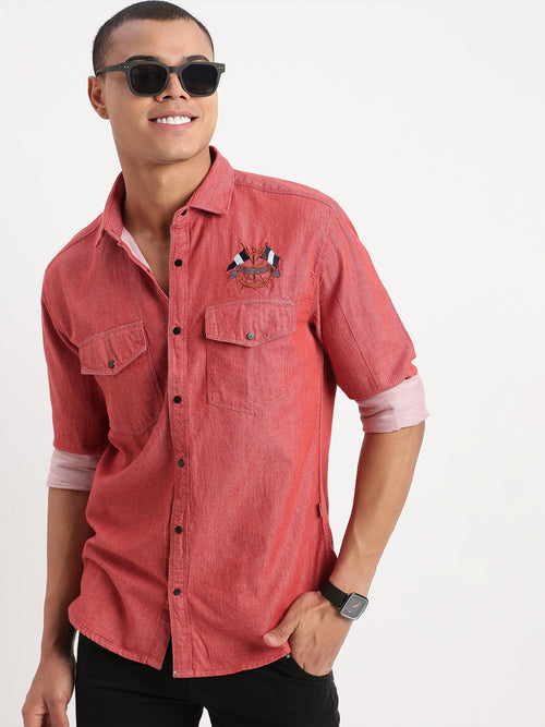 Men Solid Red Shirt-DoublePocket-04-Red