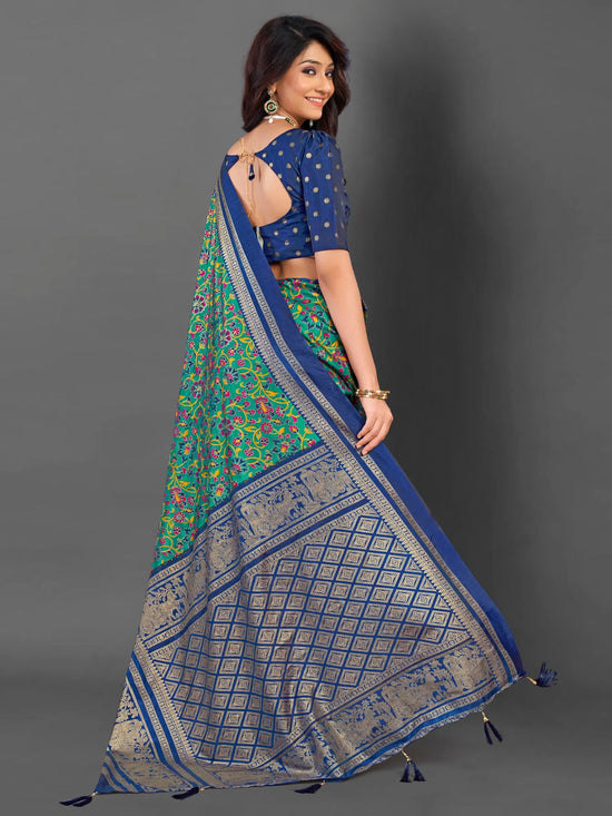 Saree Mall Women's Cotton Blend Teal Blue Printed Designer Saree With Blouse Piece-EAGLE06B