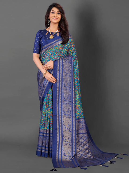 Saree Mall Women's Cotton Blend Teal Blue Printed Designer Saree With Blouse Piece-EAGLE06B