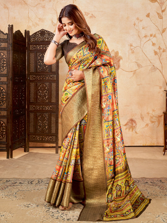 Saree Mall Women's Cotton Blend Yellow Printed Designer Saree With Blouse Piece-ENISA105