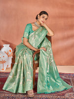 Saree Mall Women's Cotton Sea Green Woven Design Designer Saree With Blouse Piece-ETSHA88506