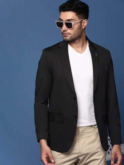 Men Black Slim Fit Single Breasted Blazer-EX-3001-Black