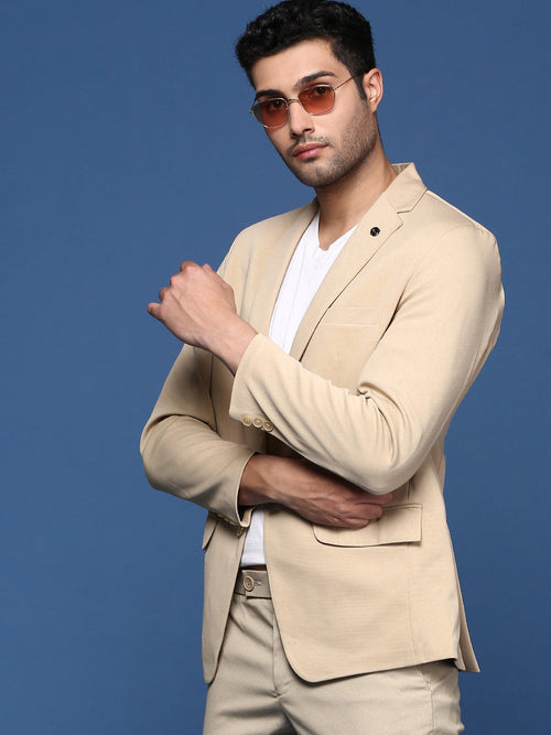 Men Beige Slim Fit Single Breasted Blazer-EX-3003A-Beige