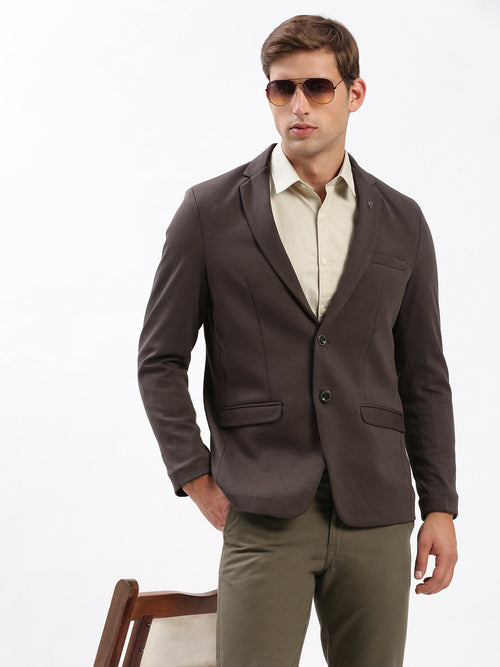 Men Notched Lapel Solid Brown Blazer-EX-3003A-Brown