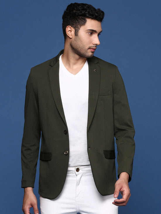 Men Green Slim Fit Single Breasted Blazer-EX-3003B-Green