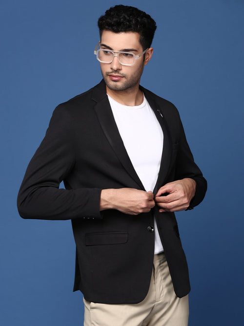 Men Black Slim Fit Single Breasted Blazer-EX-3003-Black