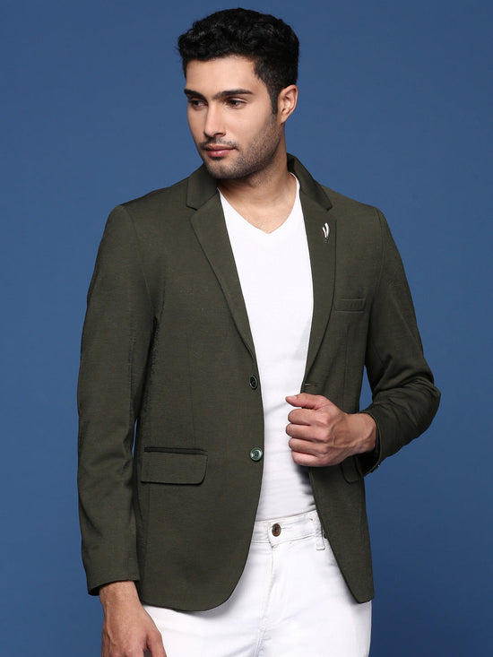 Men Green Slim Fit Single Breasted Blazer-EX-3008A-Green