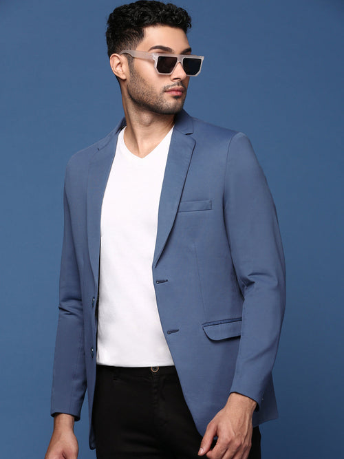 Men Blue Slim Fit Single Breasted Blazer-EX-3011A-Blue