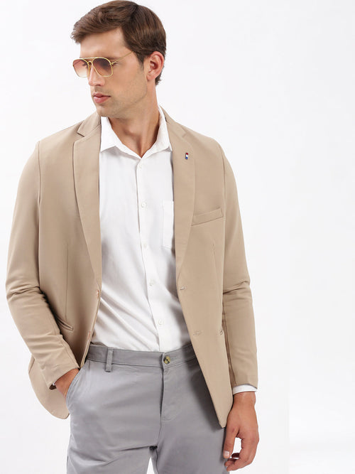 Men Notched Lapel Solid Beige Blazer-EX-3011-Beige