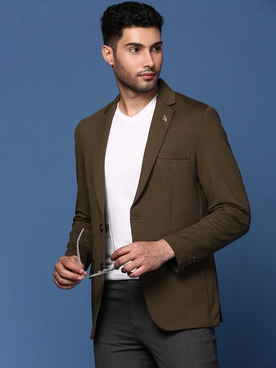 Men Olive Slim Fit Single Breasted Blazer-EX-3011-Olive