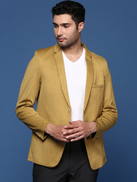 Men Mustard Slim Fit Single Breasted Blazer-EX-3012-Mustard