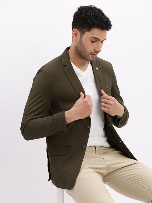 Men Solid Olive Single Breasted Blazer-EX-3019-Olive