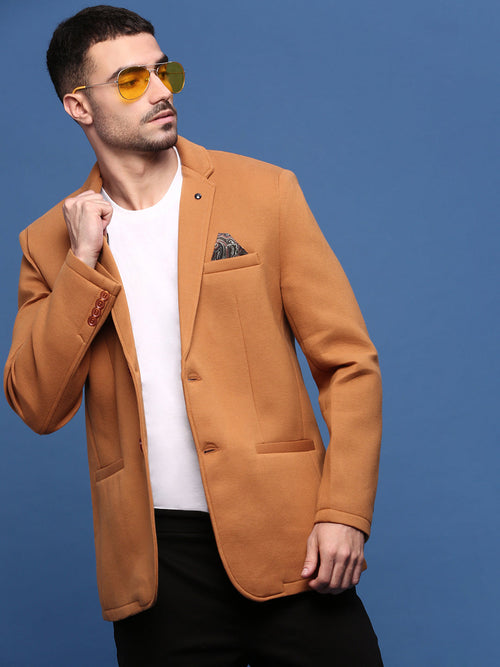 Men Camel Brown Slim Fit Single Breasted Blazer-EX-MettyA-Camelbrown