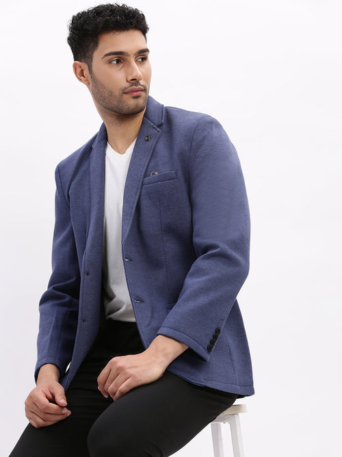 Men Solid Blue Single Breasted Blazer-EX-MettyC-Blue