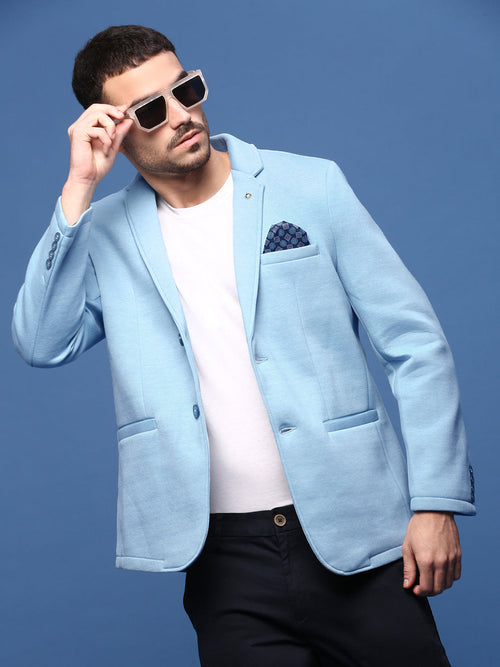 Men Blue Slim Fit Single Breasted Blazer-EX-MettyF-Blue