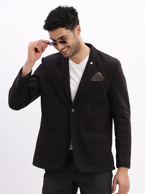 Men Solid Black Single Breasted Blazer-EX-Metty-Black