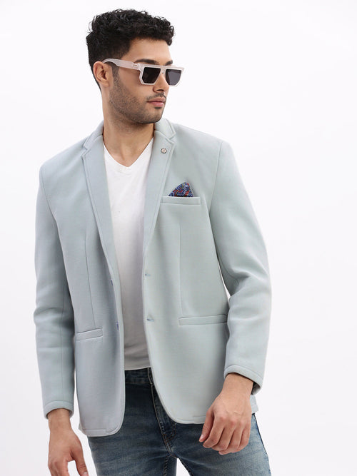 Men Solid Blue Single Breasted Blazer-EX-Metty-Blue