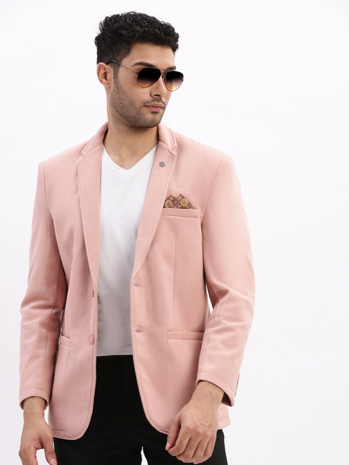 Men Solid Peach Single Breasted Blazer-EX-Metty-Peach