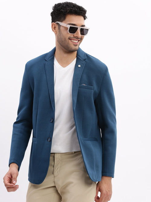 Men Solid Teal Single Breasted Blazer-EX-Metty-Teal