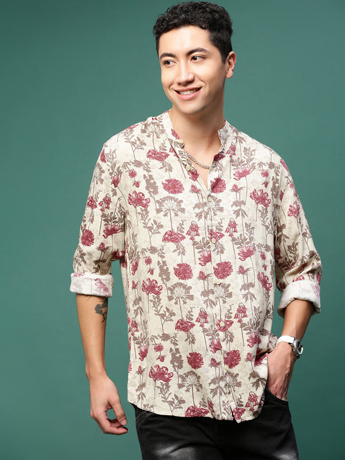 Men Cream Floral Slim Fit Shirt-Esau-3194-Cream