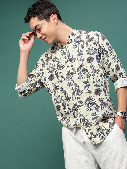 Men Cream Floral Slim Fit Shirt-Esau-3196-Cream