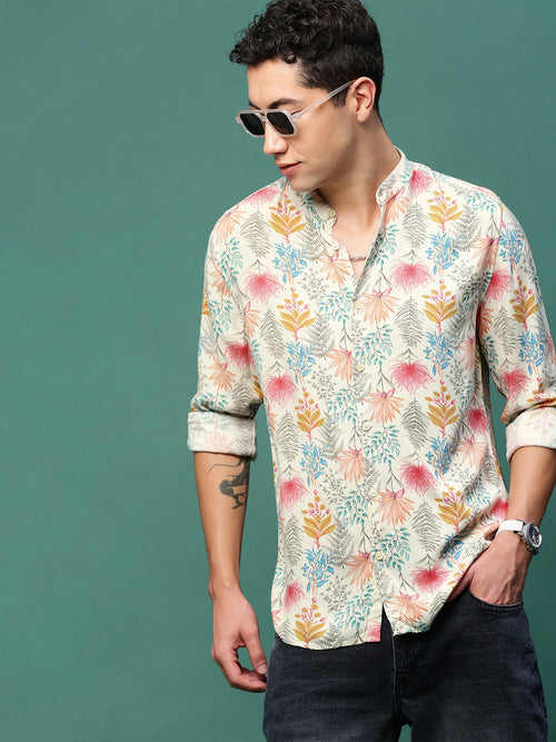 Men Cream Floral Slim Fit Shirt-Esau-3197-Cream