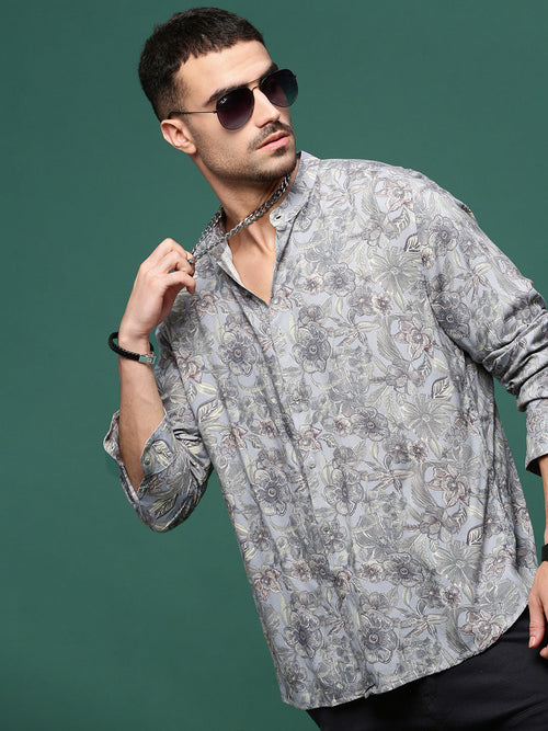 Men Grey Floral Slim Fit Shirt-Esau-3199-Grey