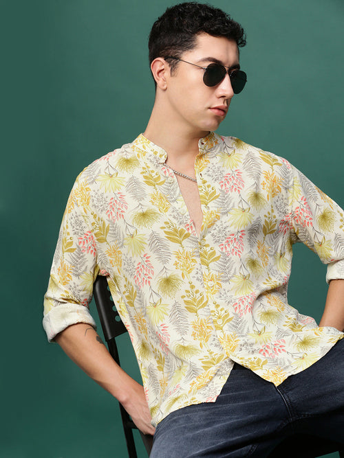 Men Cream Floral Slim Fit Shirt-Esau-3200-Cream