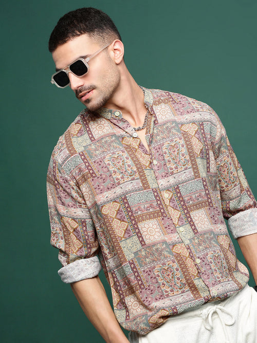 Men Brown Graphic Slim Fit Shirt-Esau-3202-Brown